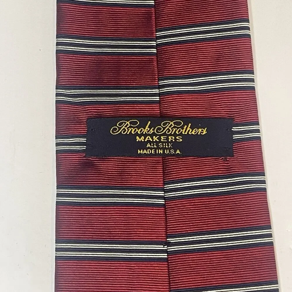Vintage Brooks Brothers Makers Striped Red Navy White Silk Tie Made in USA